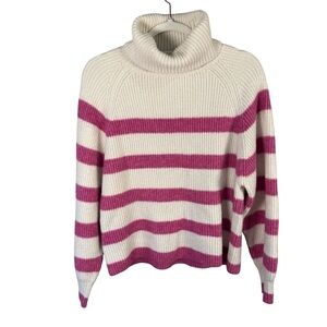 Mango Pink and Cream Fuzzy Textured Striped Turtleneck Sweater Size S Cozy